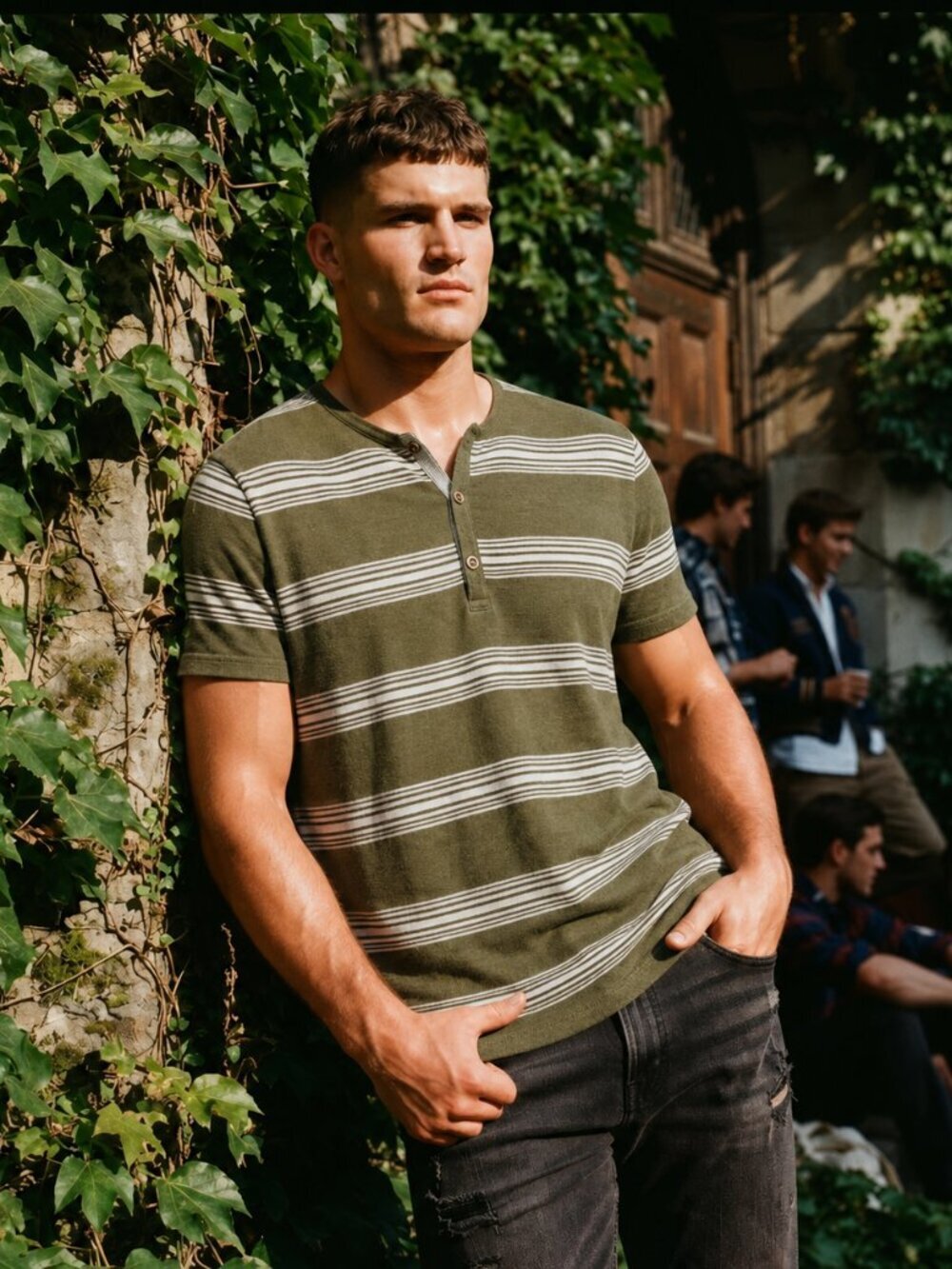 Banana Republic Men XL Henley Tee Olive Green Striped Linen Blend Heritage Rare